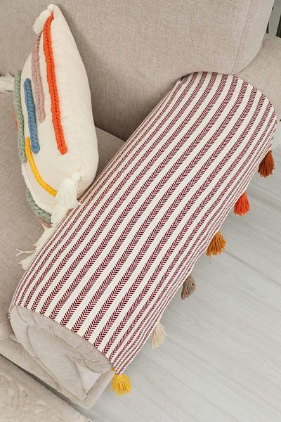 Aisha's Design 2-Piece Colorful Tasseled Burgundy Striped Armrest Set 65X55 Cm,Kc-5