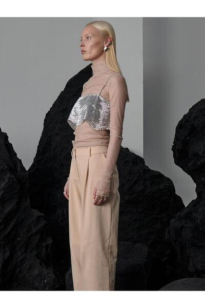 RİVUS High Top Long Sleeve Glitter Tulle Blouse - Ecru