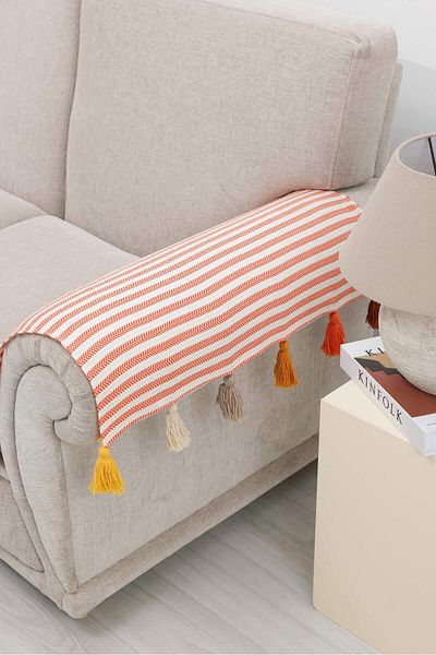 Aisha's Design 2-Piece Colorful Tasseled Orange Striped Armrest Set 65X55 Cm,Kc-5