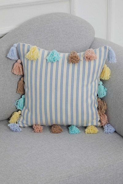 Aisha's Design Colorful Tasseled Blue Striped Throw Pillow Cover,k-272