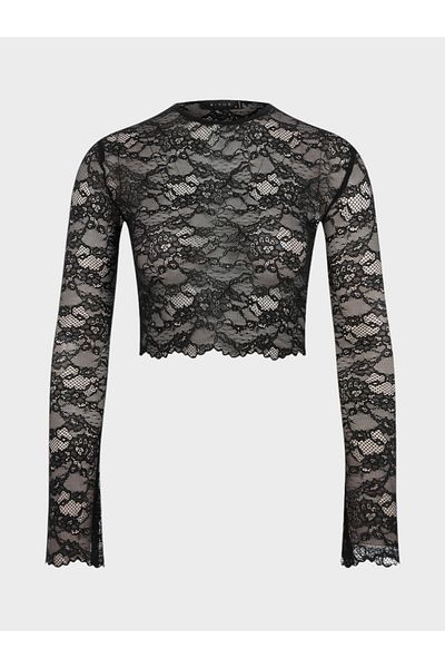 RİVUS Long Sleeve Lace Crop Blouse with Crew Neck - Black