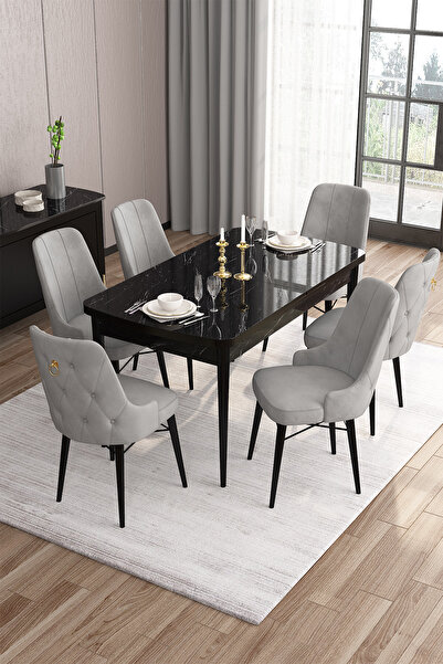 Canisa Concept Are Serisi 80x132 Mdf Açılabilir Siyah Mermer Desen Masa Takım...