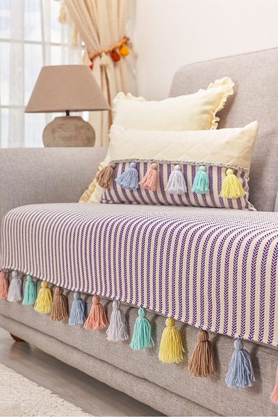 Aisha's Design غطاء أريكة مخطط باللون الأرجواني مع شرابات ملونة مقاس 90 × 210 سم،