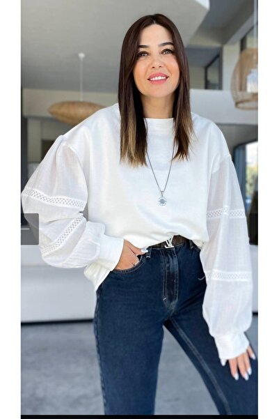 Genel Markalar Beyaz Kolları Dantel Detaylı Sweatshirt