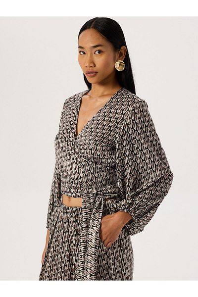 RİVUS Orange Patterned Long Sleeve Blouse - With Belt Tie Detail