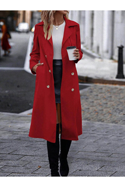 buğrahayalin Women's Long Sleeve Neck Front Button Waist Belt Midi Gabardine Trench Coat