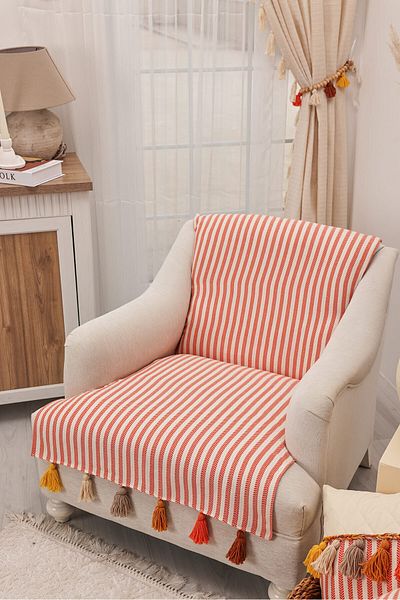 Aisha's Design 180x75 Cm Colorful Tufted Orange Striped Sofa Cover - Back and Seating Cover, Ko-30t