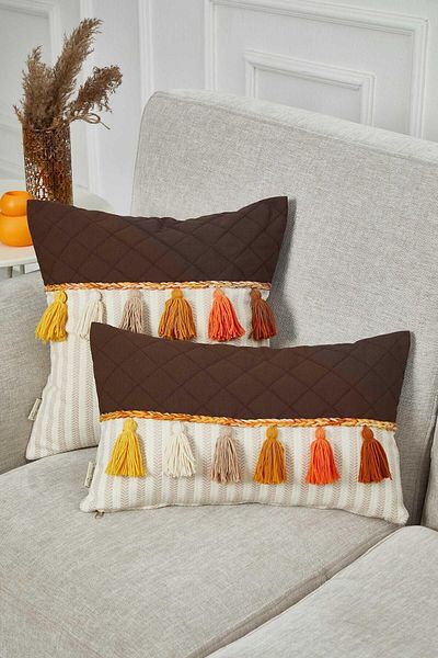 Aisha's Design Colorful Tasseled Mink Striped Throw Pillow Cover - Rectangular Design, K-210