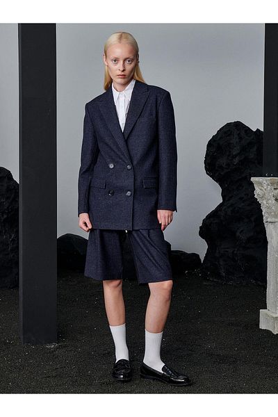 RİVUS Navy Blue Striped Bermuda Shorts