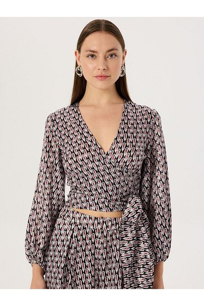 RİVUS Long Sleeve Red Patterned Blouse - With Belt Tie Detail