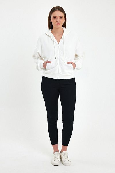 ZACHARIUZ Ecru Long Sleeve Hooded Zippered Sweatshirt 0091