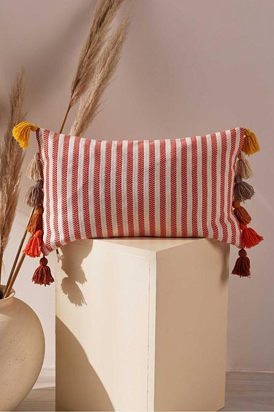 Aisha's Design Colorful Tasseled Rectangular Orange Striped Throw Pillow Cover, K-274