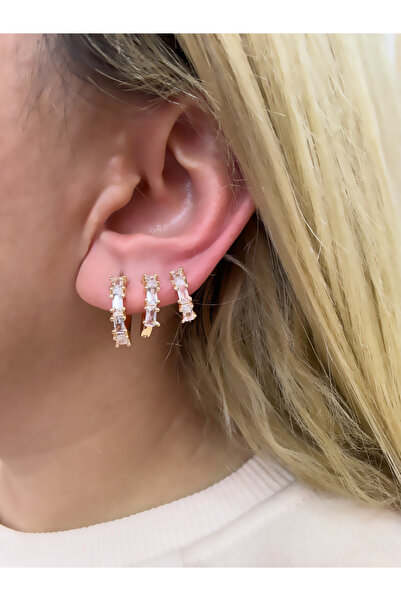 Hicrans Takı TAŞLI HALKA MODEL ÜÇLÜ SET GOLD ÇELİK KÜPE