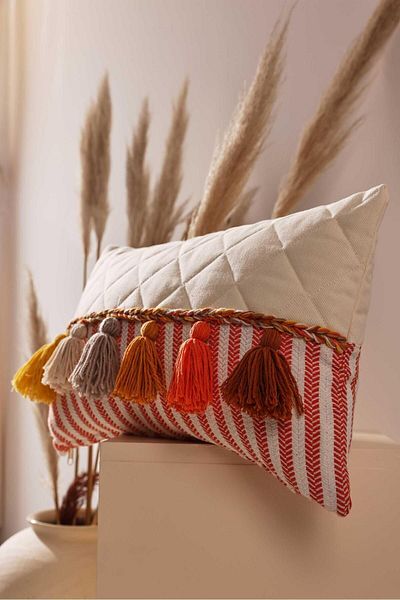 Aisha's Design Rectangular Throw Pillow Cover with Orange Stripes and Tassels - K-210