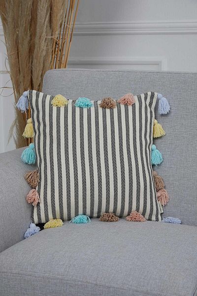 Aisha's Design Orange Striped Colorful Tasseled Throw Pillow - K-272