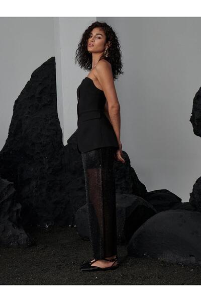 RİVUS Strapless Cut Front Trim Button Bustier - Black