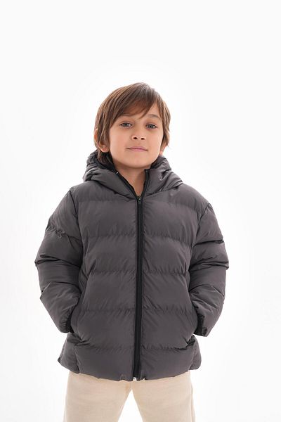 Mina Boy's Gray Filled Inner Fleece Hooded Winter Inflatable Children's Coat
