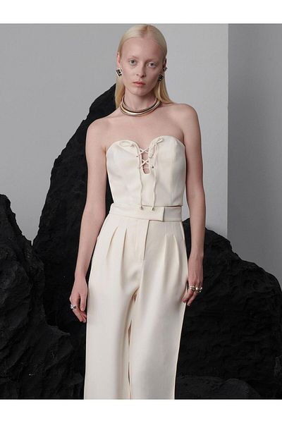 RİVUS Ecru Tone Pre-Decollete Fuzzy Heart Collar Strapless Cut Stylish Bustier