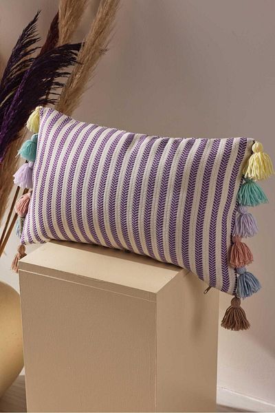 Aisha's Design Colorful Tasseled Rectangular Purple Striped Throw Pillow Cover, K-274