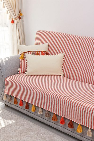Aisha's Design Colorful Tufted Orange Striped Sofa Cover - Back and Seating Cover, 180x210 Cm, Ko-30