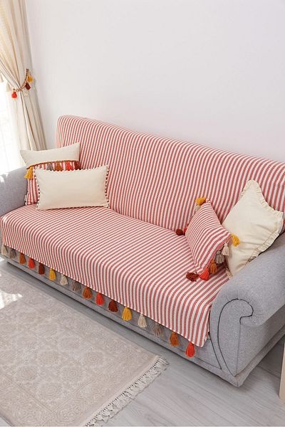 Aisha's Design Colorful Tufted Orange Striped Sofa Cover - Back and Seating Cover, 180x210 Cm, Ko-30