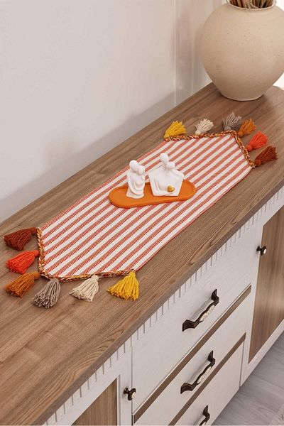 Aisha's Design Colorful Tasseled Orange Striped Runner 90X30Cm,R-47K