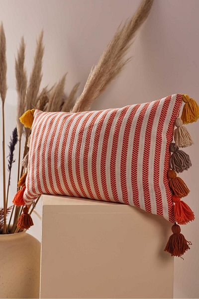 Aisha's Design Colorful Tasseled Rectangular Orange Striped Throw Pillow Cover, K-274