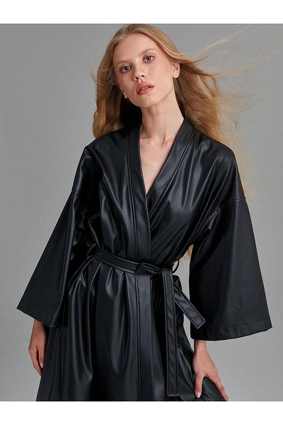 RİVUS Long Vegan Leather Jacket with Belted Waist - Black