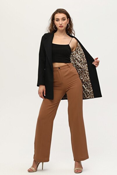 Feminist Leopar Astar Detaylı Krep Blazer Ceket Siyah 0105120