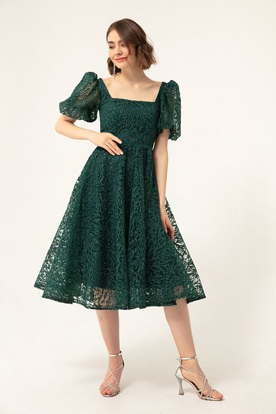 Lafaba Women's Emerald Green Balloon Sleeve Silvery Midi Evening Dress