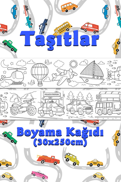 BiWini Taşıt Temalı Dev Boyama Kağıdı 2,5 Metre Rulo Boyama Kağıdı - Çocuk Eğitici Boyama