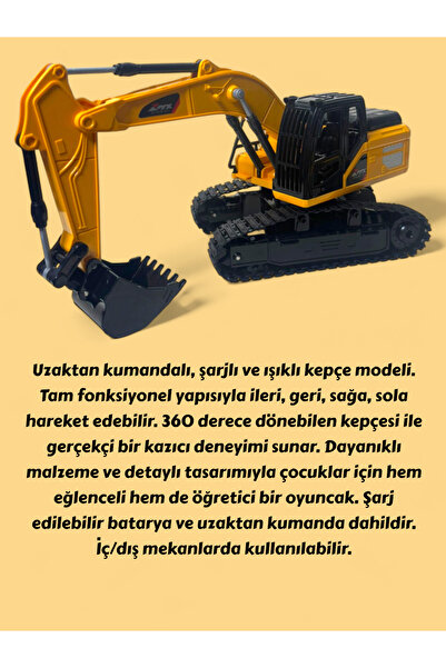 YILDIRIM OYUNCAK Uzaktan Kumandalı Full Fonksiyon Şarjlı Işıklı Kepçe 360 Derece Dönen Kepçe Model Kazıcı