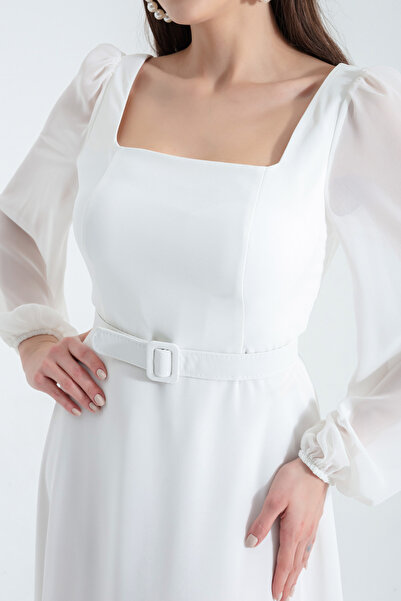 Lafaba Dámské bílé večerní šaty se čtvercovým límečkem a dlouhým šifonem