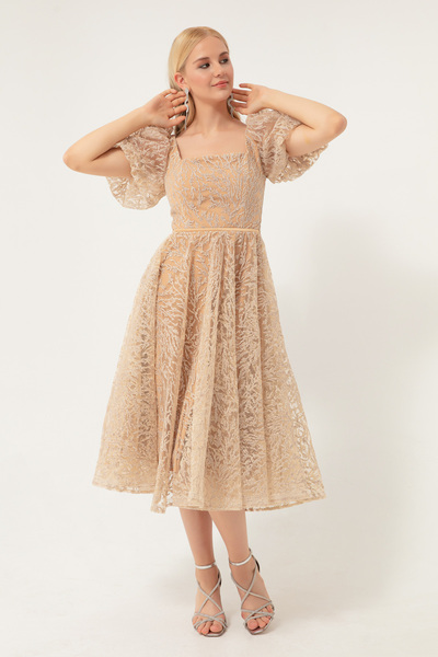 Lafaba Γυναικείο Μπεζ Μπαλόνι Ασημένιο Μίντι Βραδινό Φόρεμα