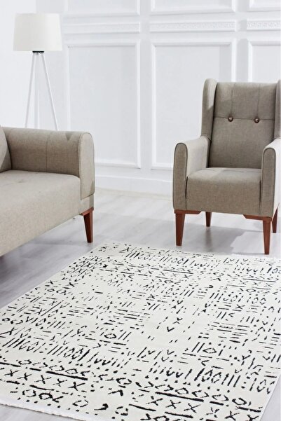 farbateks İskandinav Desen Beyaz Renkli Makinada Yıkana Bilir Şönil Kilim Kaymaz Taban Makina Halısı