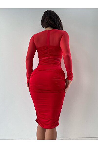 pink life Kırmızı Yılan Toka Tül Detaylı Büzgülü Kalem Elbise