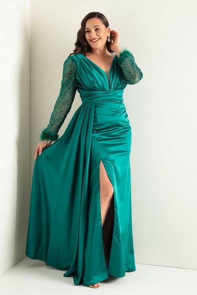 Lafaba Women's Emerald Green V-Neck Sleeves with Stone Slits Long Plus Size Evening Dress
