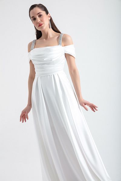 Lafaba Langes Abendkleid aus Satin mit drapierten Trägern und weißen Steinen für Damen