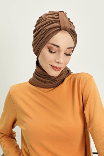 Aisha's Design Winter Scarf Bonnet Turban, B-80Rb, Brown
