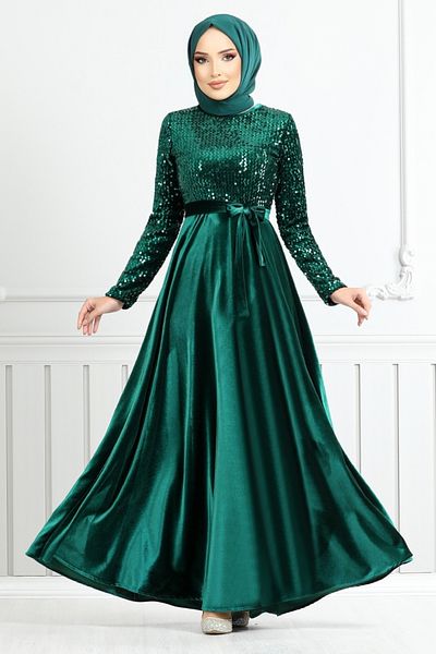 ModaMerve Emerald Sequined Velvet Evening Dress - 2015Efy931-M