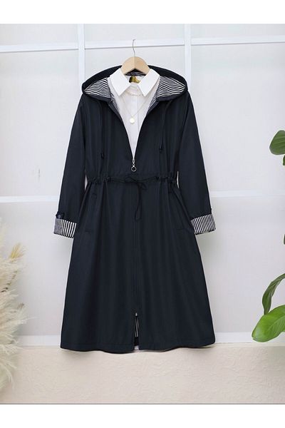 Modamorfo Trench Coat with Foldable Sleeves and Hood, Elastic Waist - Navy