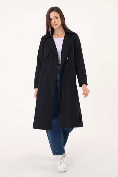 Hazel Women's Double Breasted Collar Black Trench Coat