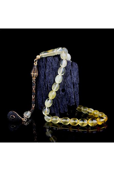Tesbihsepetim Black Zircon Stone Silver Tasseled Fossil Drop Amber Rosary