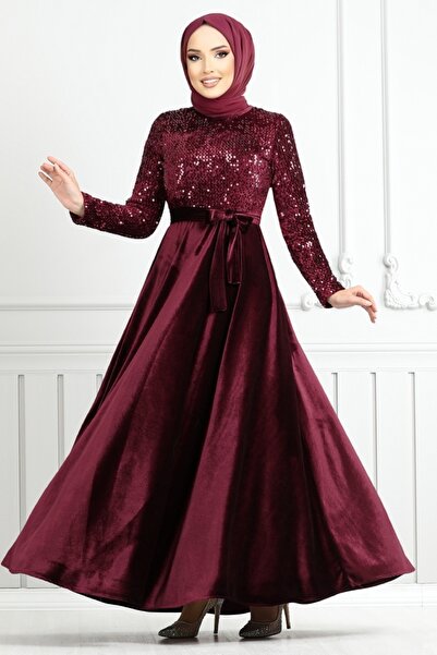 ModaMerve Burgundy Velvet Evening Dress with Sequins, 2015Efy931-M