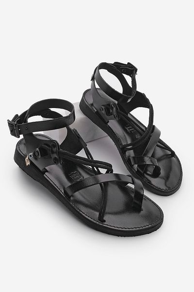 Marjin Damen Echtleder Accessoire Eva Sohle Flip Flop Cross Rope Detaillierte Alltagssandalen Rivade schwarz