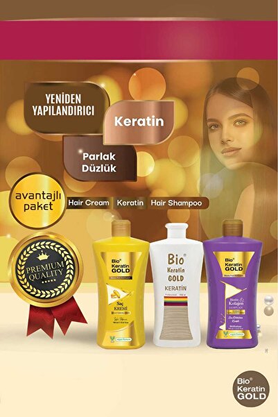 Bio Keratin Gold Premium Brezilya Fönü 3'lü Set Biotin&Kolajen Tuzsuz Şampuan...