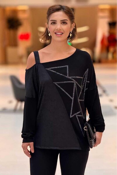 Nevin Kaya Moda Bluză neagră cu un singur umăr