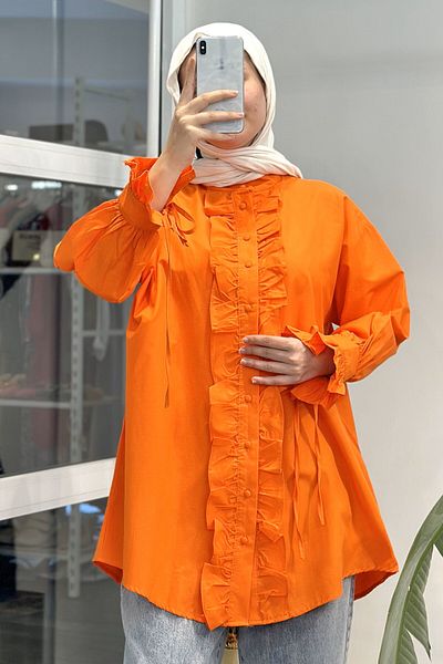 ModaSelin Ruffled Lacing Detailed Orange Tunic