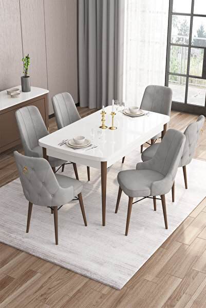 Canisa Are Serisi 80x132 Açılabilir Mdf Beyaz Masa Ceviz Ayak Masa Takımı 6 G...