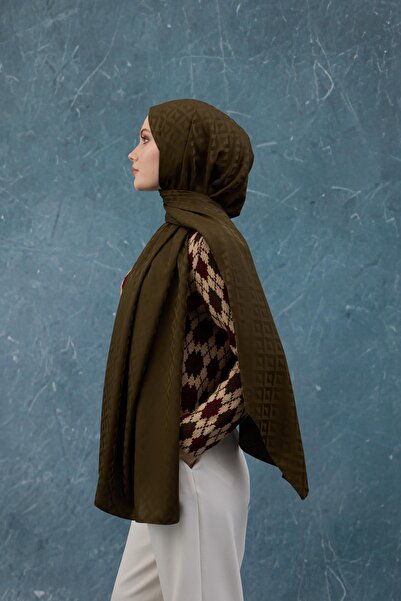 İpekhan Fall Winter Silky Jacquard Shawl Khaki 9019-02